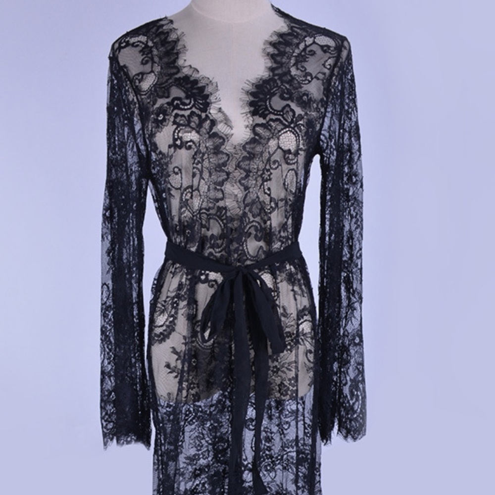 LONG SLEEVE LACE MAXI KIMONO COVERUP CARDIGAN - Picture 7 of 9